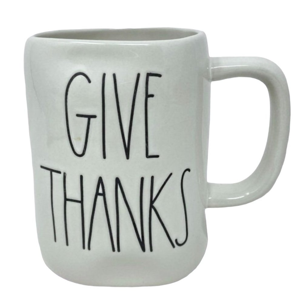 Rae Dunn White with Large Black Letters Coffee Mug, "Give Thanks"